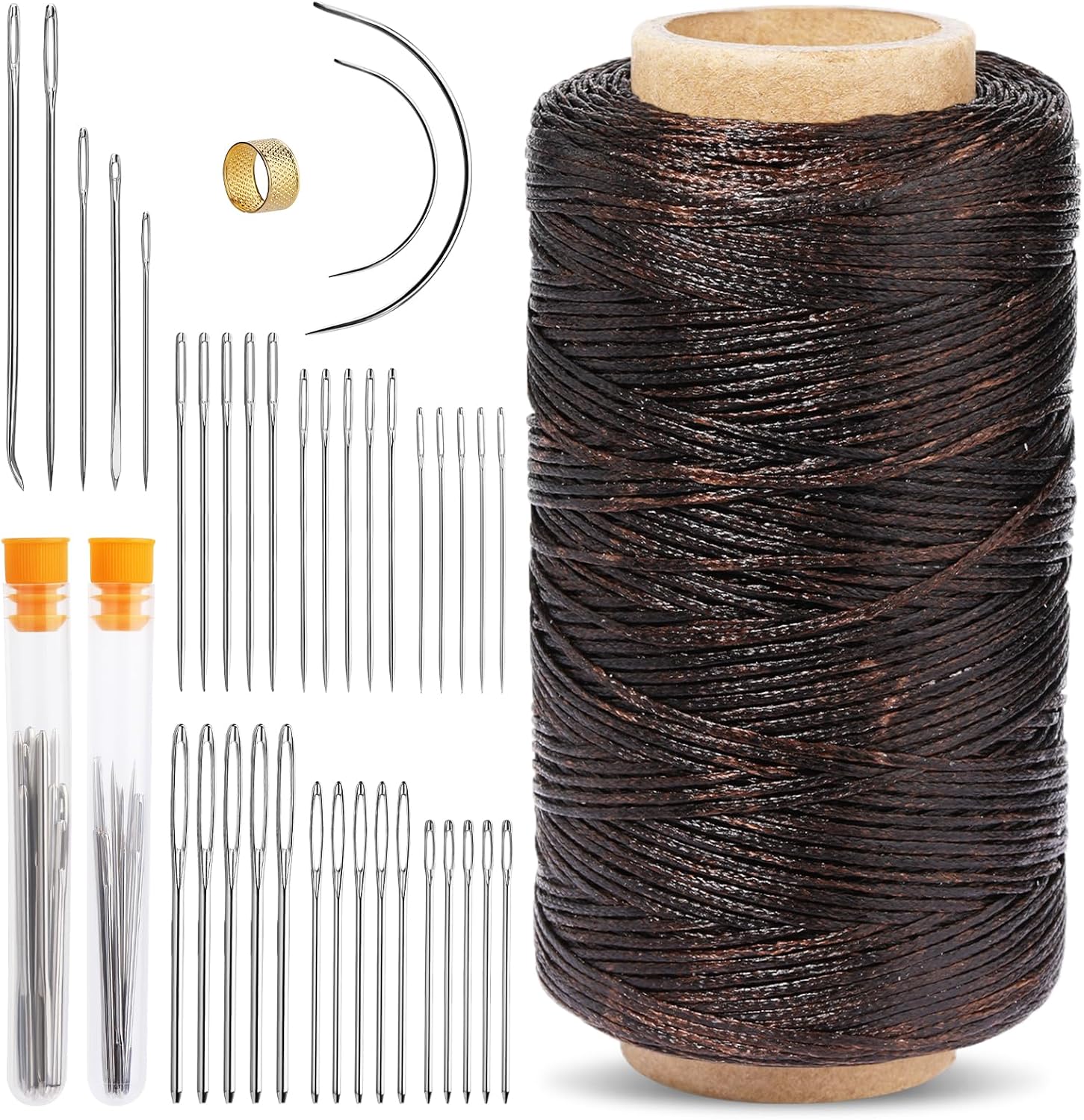 Hilo encerado, hilo encerado de cuero, color café oscuro, hilo encerado de 820.2 ft con agujas de coser a mano de cuero, dedal, para manualidades de