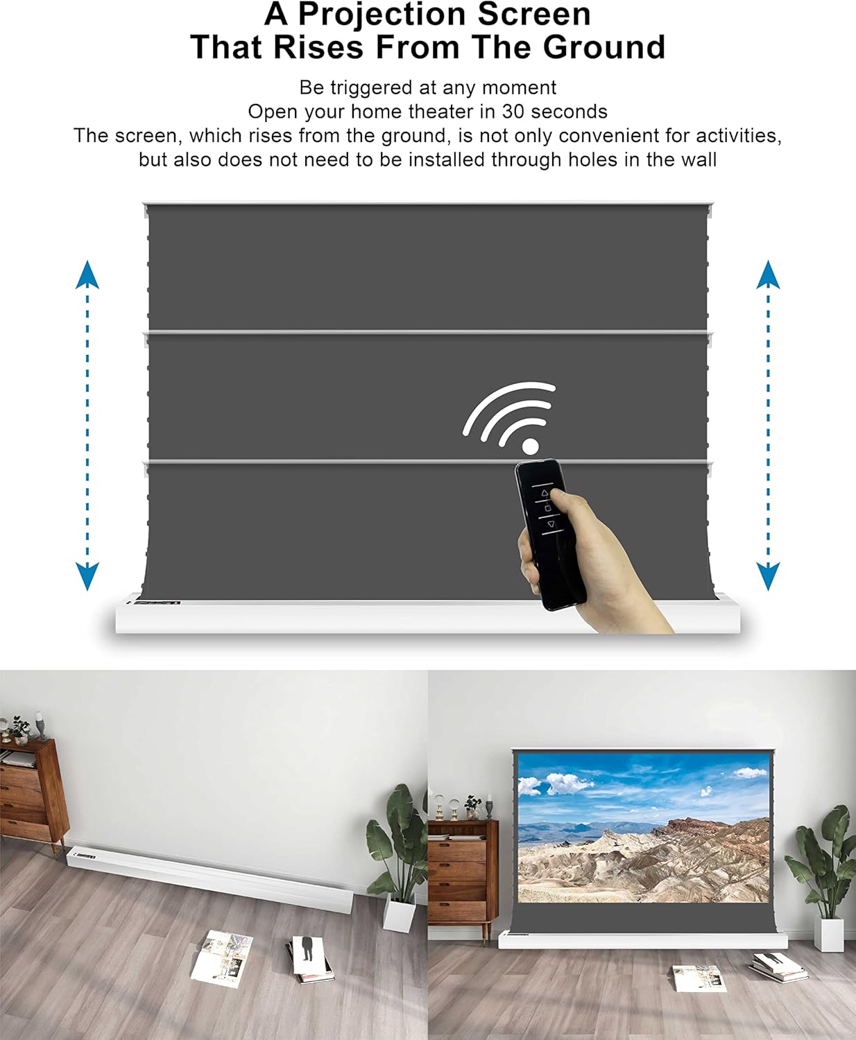 VIVIDSTORM pantalla de proyección de suelo con elevación motorizada, rechaza la luz ambiental, carcasa blanca, para proyector normal de enfoque
