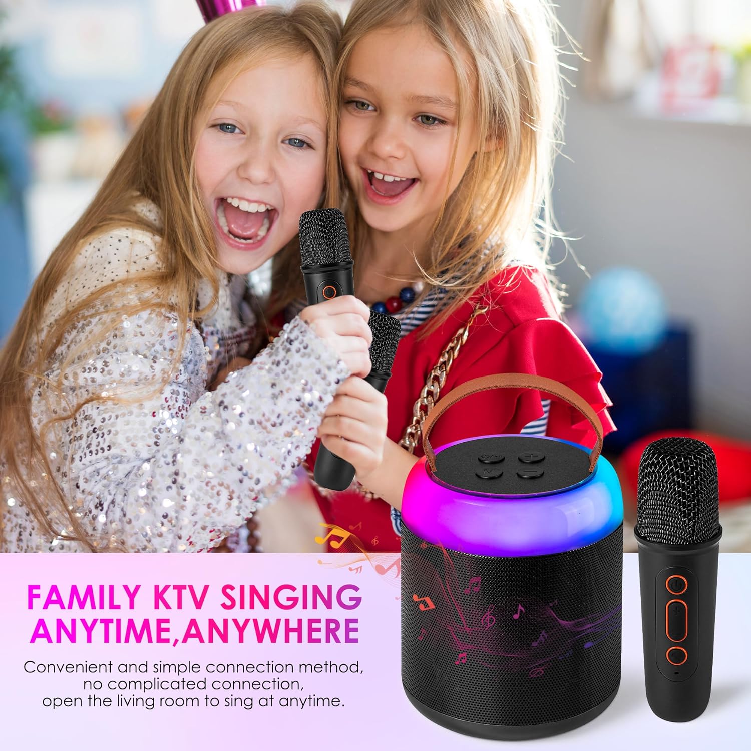 Mini máquina de karaoke con 2 micrófonos inalámbricos para niños y adultos, altavoz Bluetooth portátil de juguete para niñas y niños de 2, 4, 5, 6,