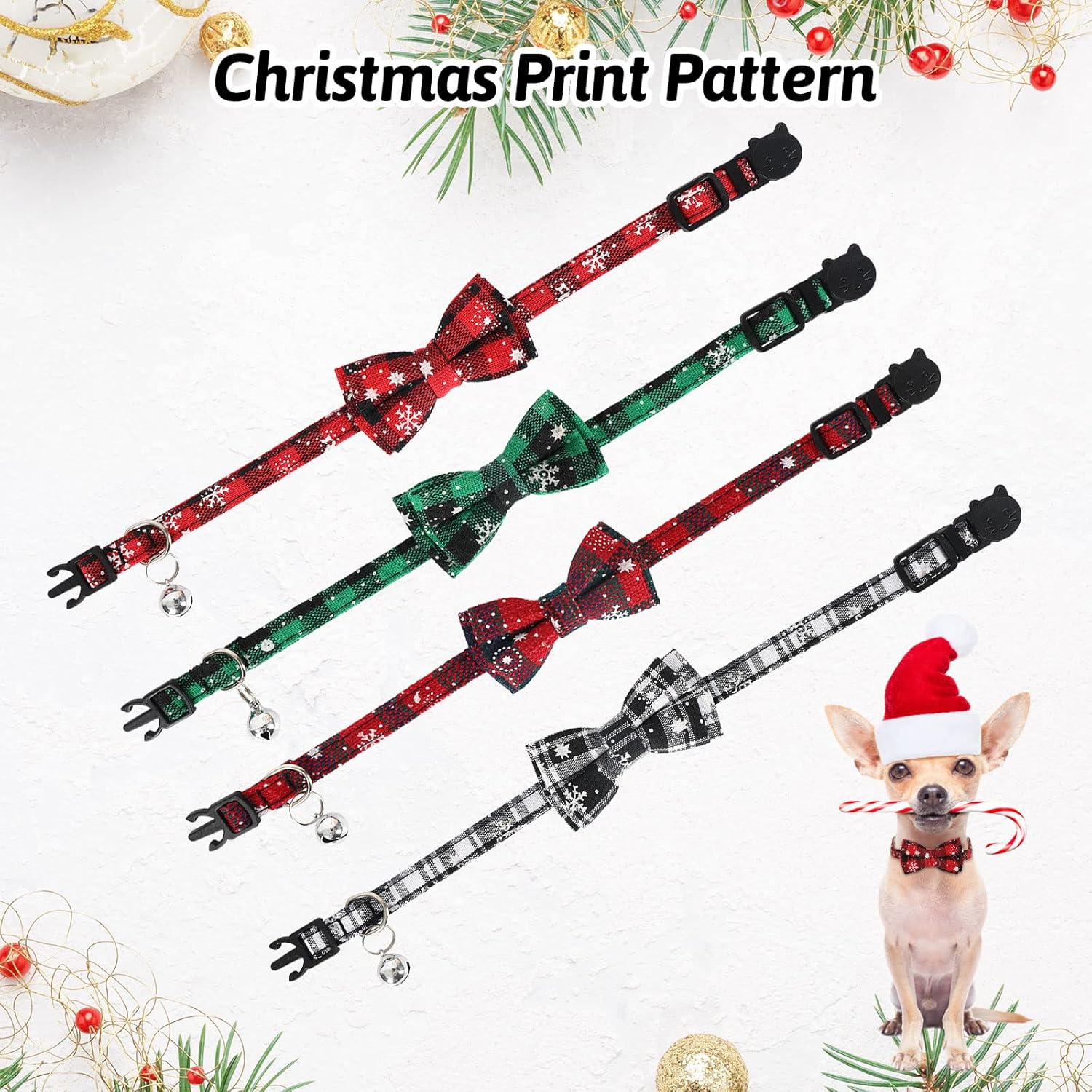 Whaline Paquete de 4 collares de Navidad para mascotas, collar clásico de búfalo a cuadros con lazo extraíble estampado de copo de nieve, collar de