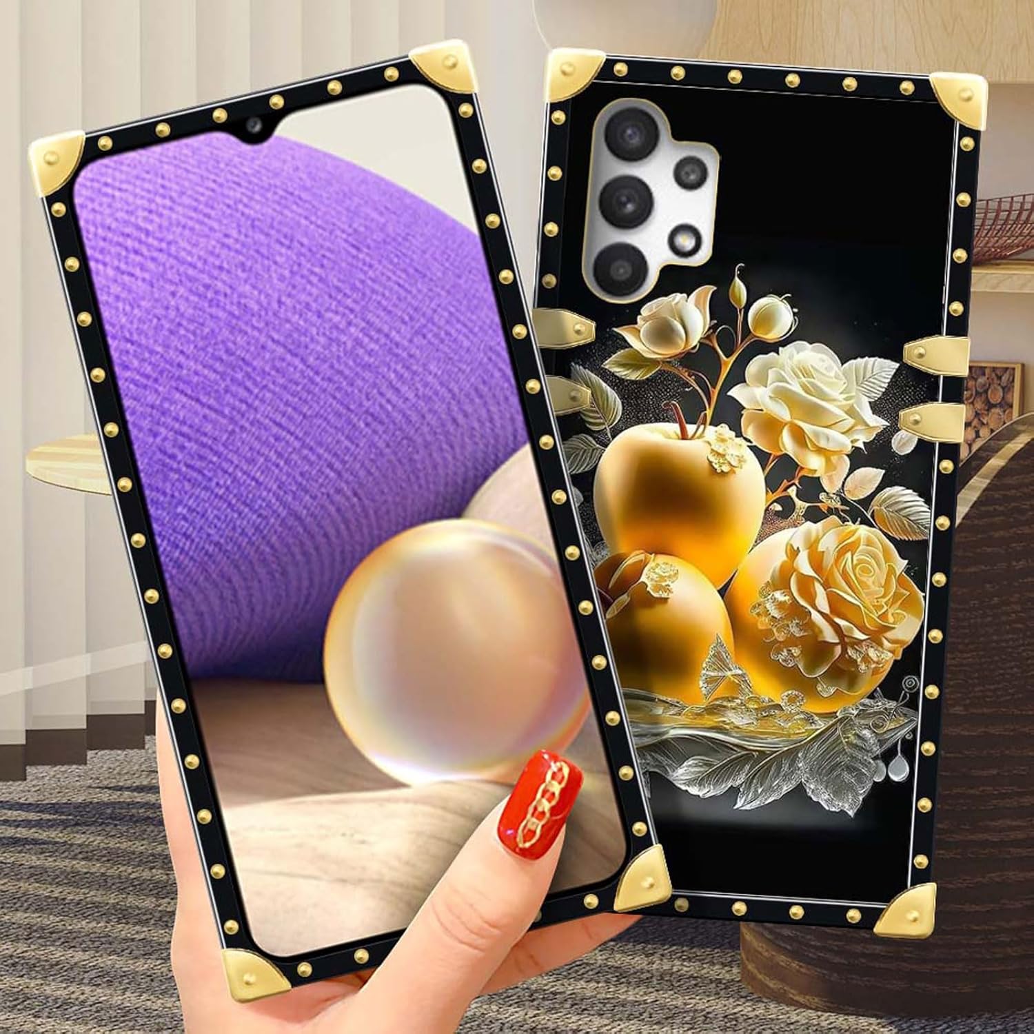 CARLOCA Funda para Samsung Galaxy A32 5G, rosa dorada y fruta de la paz mejora tu estilo con la funda dorada de lujo a prueba de golpes compatible