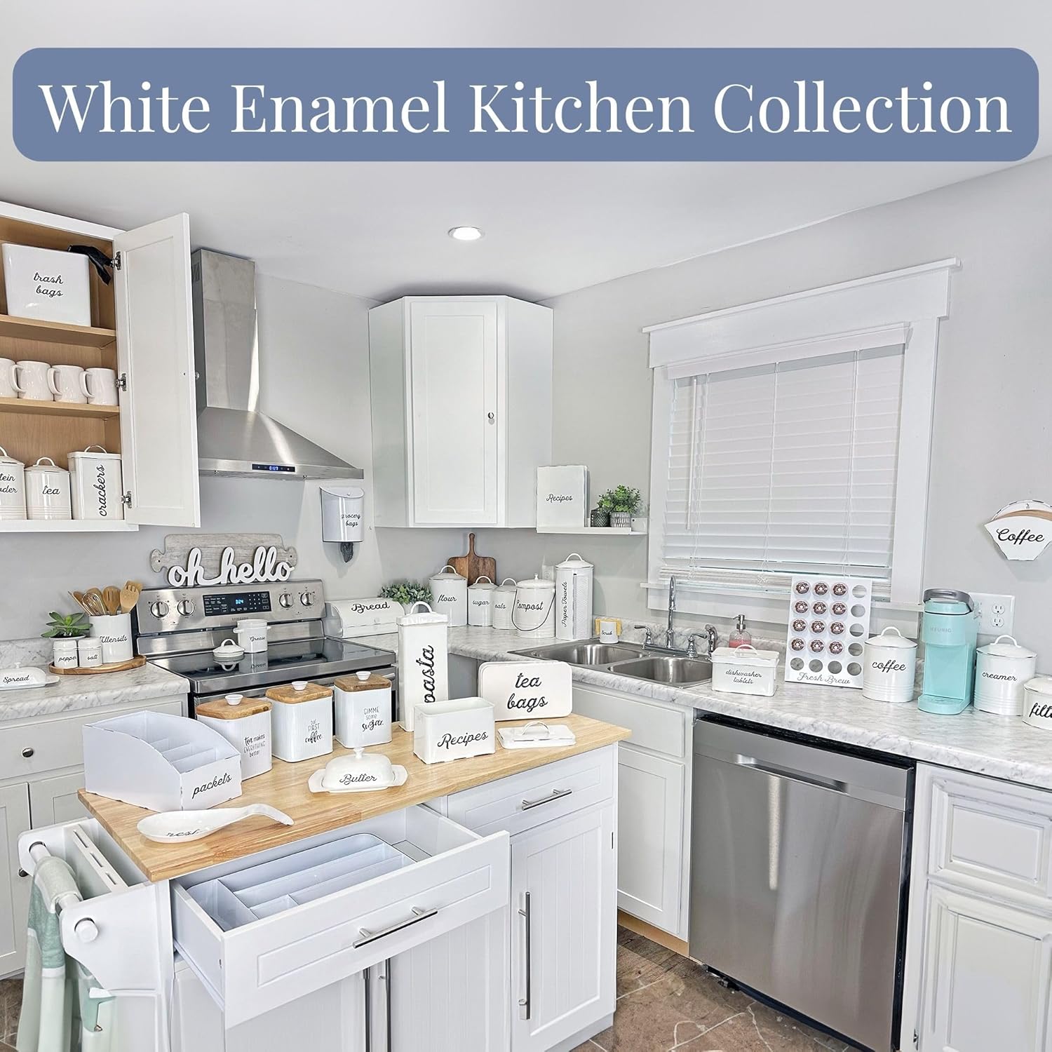 AuldHome – Recipiente de azúcar blanco esmaltado almacenamiento de grapas de estilo rústico envejecido para cocina