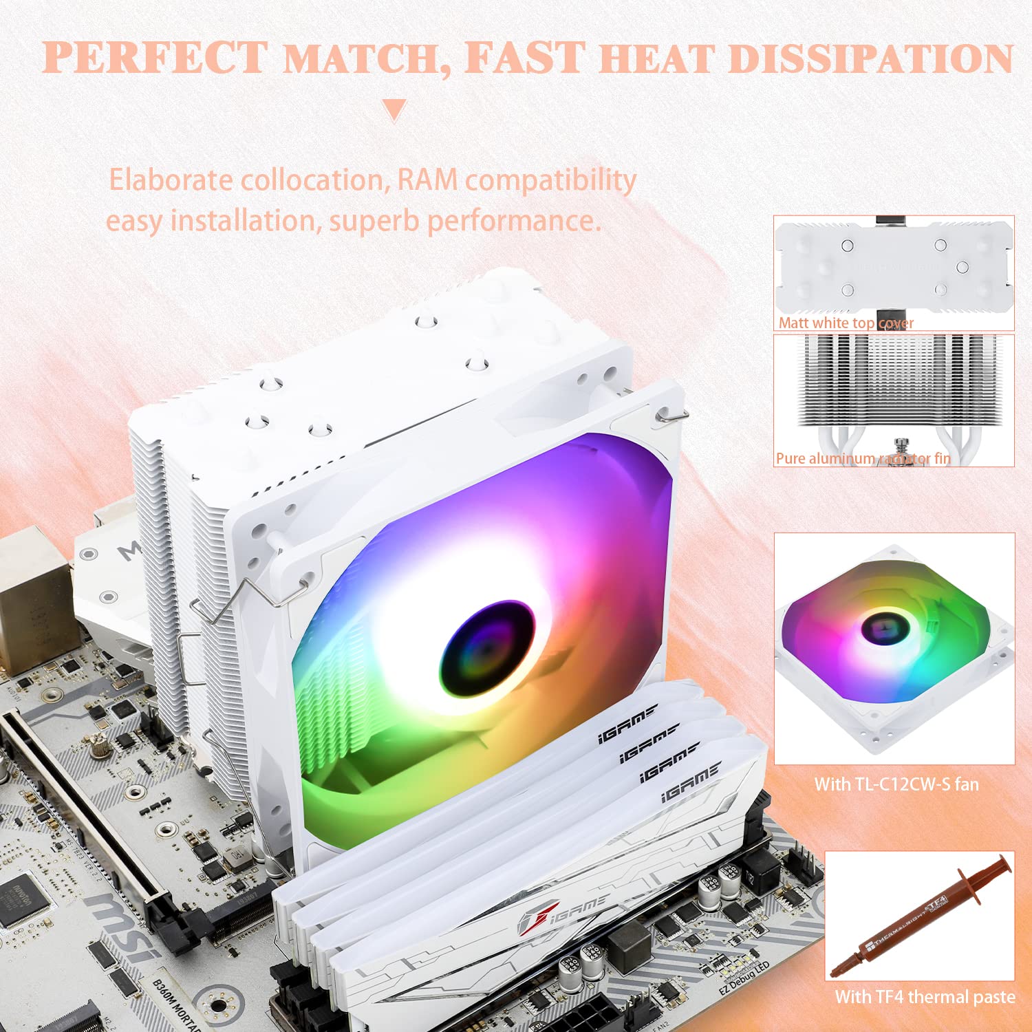 Thermalright Assassin King 120 SE – Enfriador de aire para CPU ARGB blanco, AK120 SE White ARB, 5 tubos de calor, enfriador de CPU silencioso