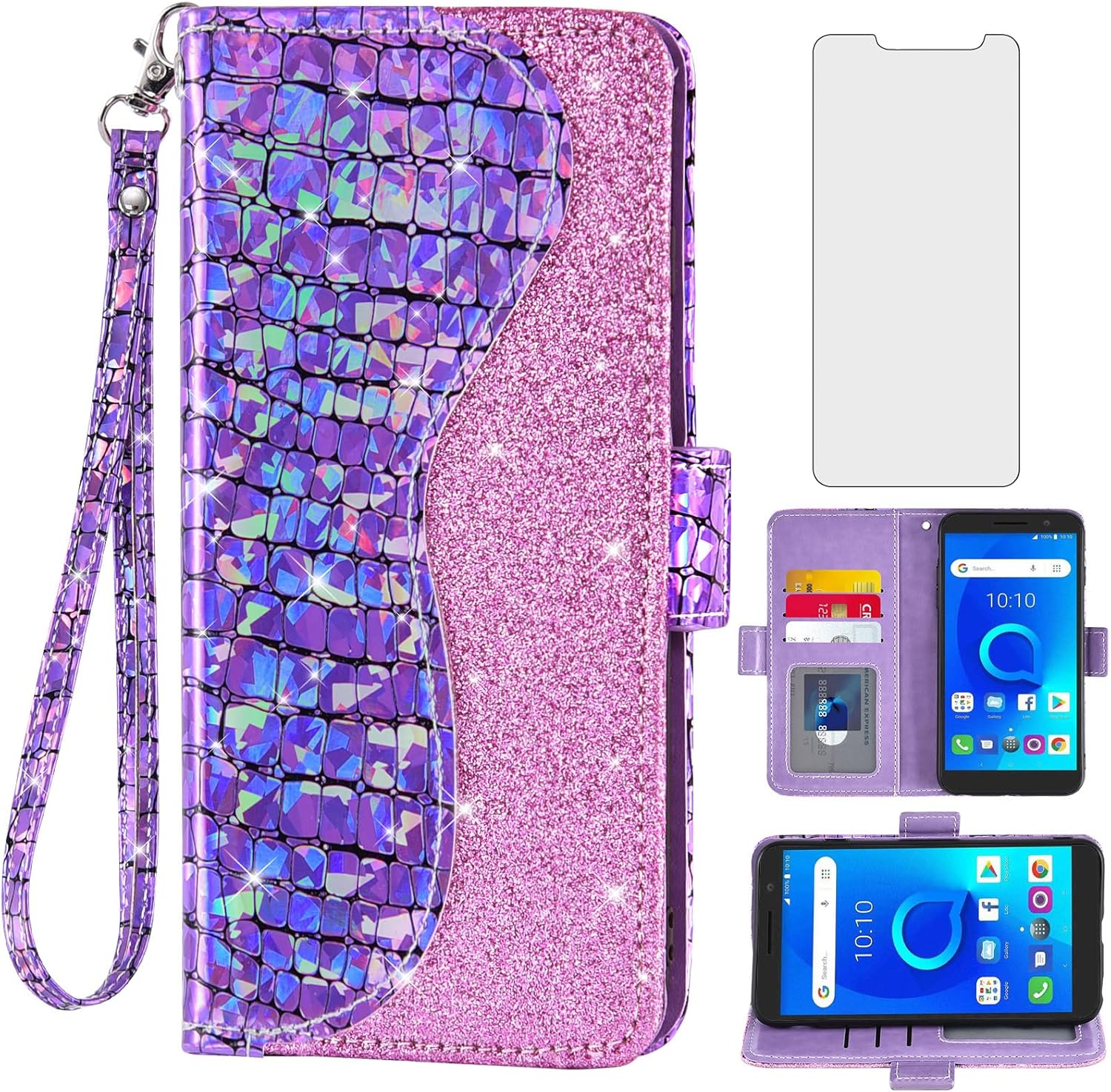 Asuwish Funda de teléfono para Alcatel 1 2019 5033EAlcatel1 2021 4G LTE Funda tipo cartera con protector de pantalla y correa para la muñeca,
