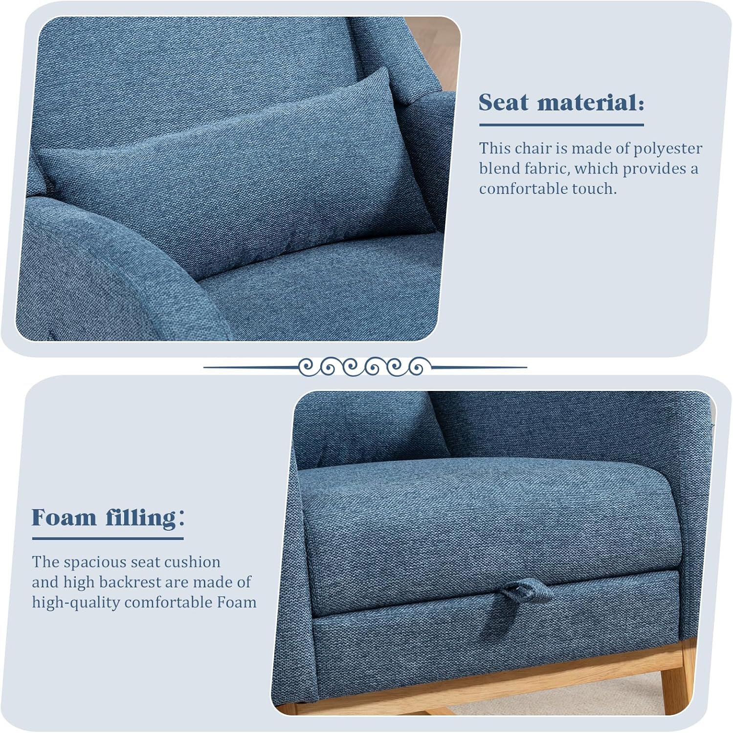Dxacvkc Mecedora de poliéster con reposapiés ajustable, mecedora de respaldo alto con bolsillo lateral, almohada, silla decorativa con respaldo