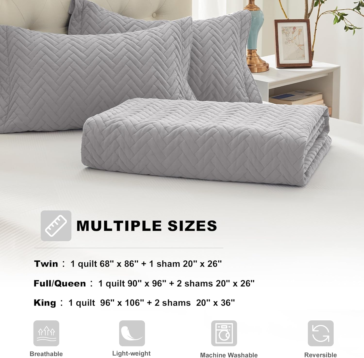GRT Juego de edredón gris tamaño King con fundas de almohada, edredón ligero, reversible, estilo moderno, patrón rectangular, juego de ropa de cama