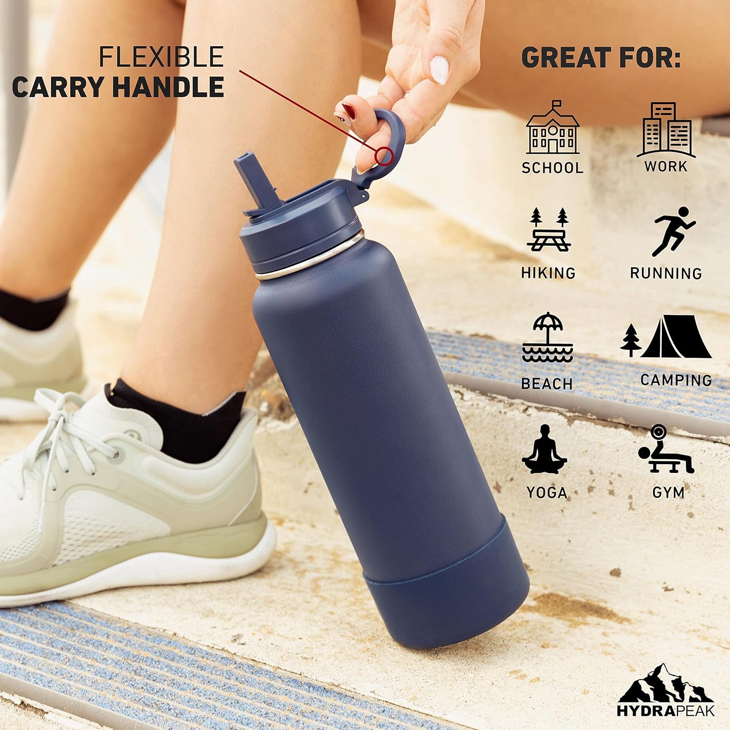Hydrapeak Botella de agua deportiva de 32 onzas con aislamiento y tapa para beber, botellas de agua de acero inoxidable de alta calidad, a prueba de