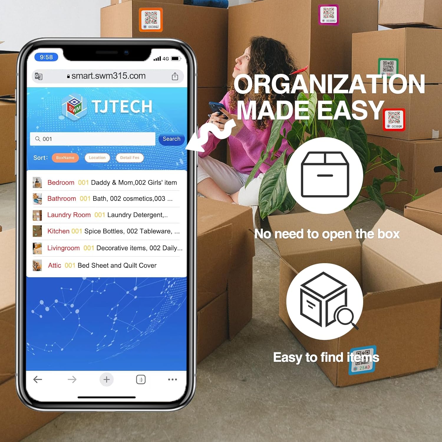 84 calcomanías de código QR para almacenamiento y organización de inventario avanzado, etiquetas de código QR, paquete y etiquetas de pista con