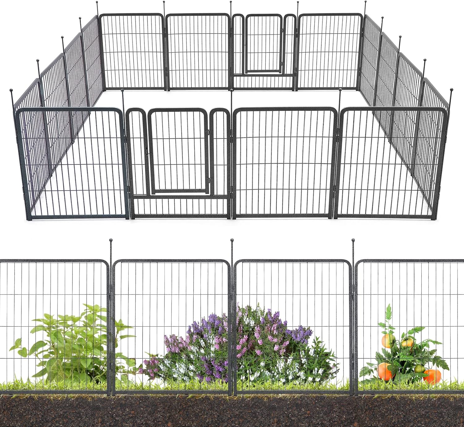 TMEE Valla de jardín 16 paneles de 36 x 32 pulgadas, valla decorativa de metal para jardín con 2 puertas, barrera de animales para paisaje al aire