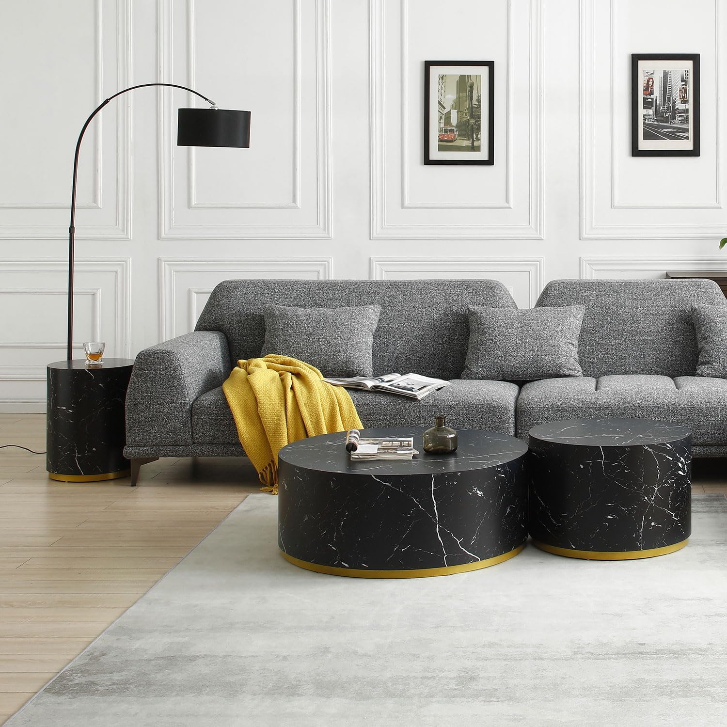 Mesa auxiliar con borde dorado inferior para sala de estar, moderna mesa de centro redonda dorada o mesa auxiliar, mesa de sofá circular para