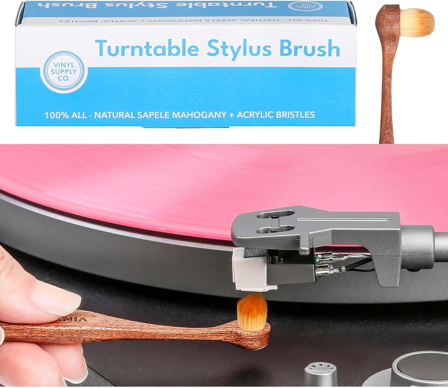 Vinyl Supply Co. Limpiador de lápiz giratorio Record – 100% madera de caoba sapelí totalmente natural – Cepillo para lápiz óptico antiestático para