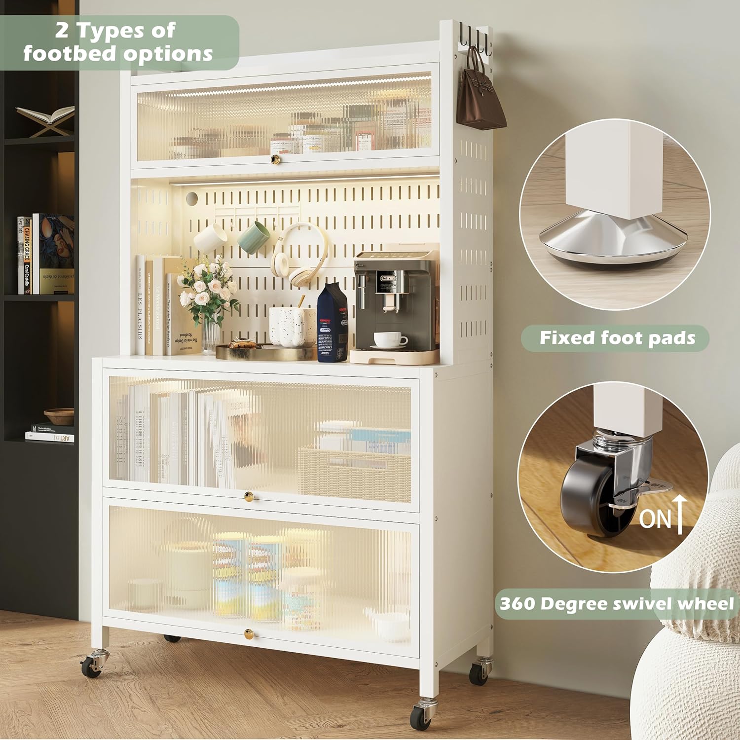 COVAODQ Estante de cocina para panadería con armario de puerta abatible, soporte de microondas de 5 niveles con accesorios de tablero de clavijas