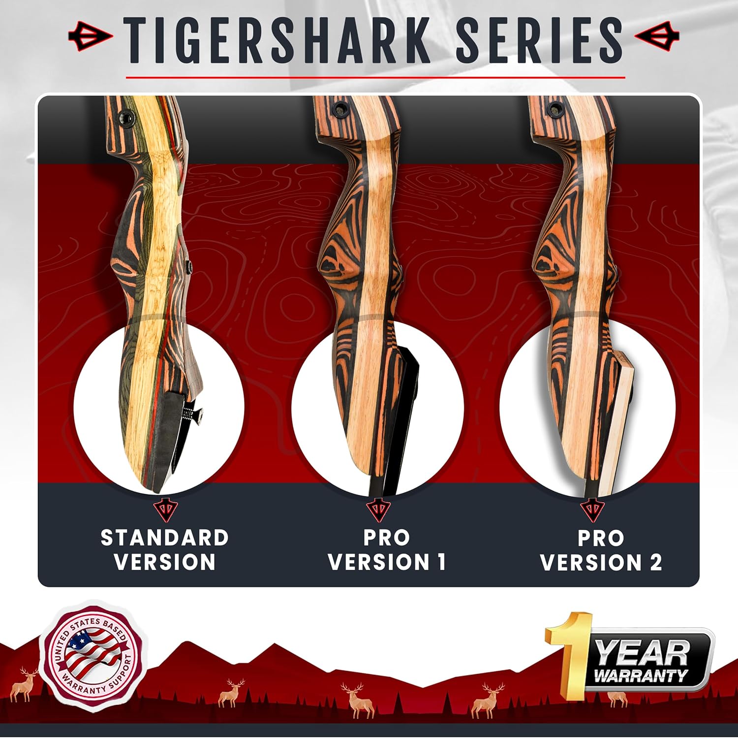 Tigershark Takedown – Arco recurvo  Versiones estándar y PRO  Arco de caza de 62 pulgadas  zurdo y diestro  Pesos de tracción en 16 lb-60 lb