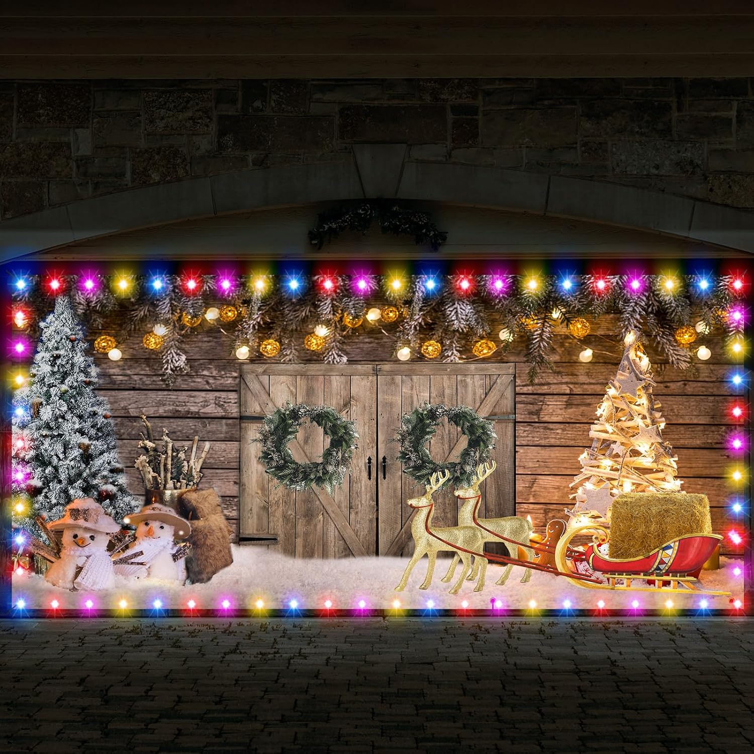 Cartel de Navidad de 7 x 16 pies para puerta de garaje de granero de Navidad, decoración de fondo grande de Navidad con tira de luces LED,