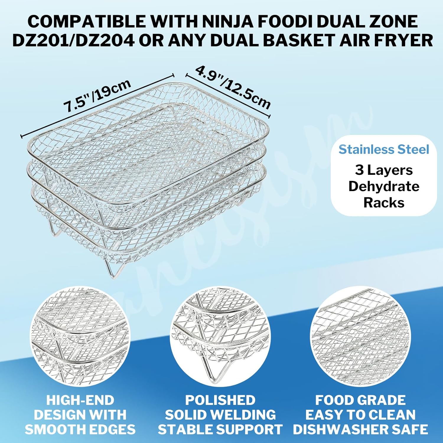 Accesorios para freidora de aire  Tres estantes apilables para freidora de aire doble Ninja, estante deshidratador rectangular de acero inoxidable