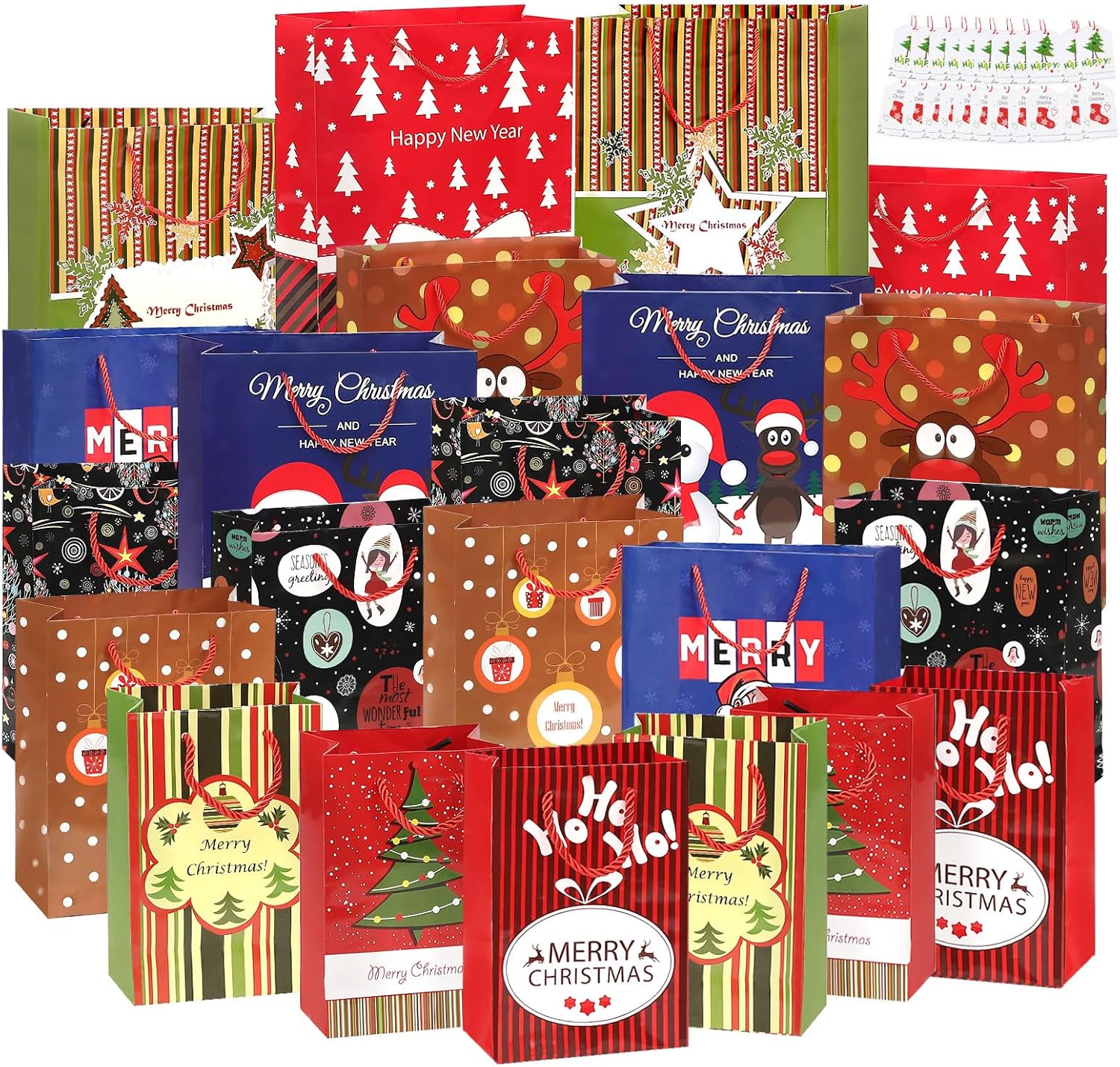 BEISHIDA 24 bolsas de regalo de Navidad de varios tamaños con asas y etiquetas, bolsas de Navidad a granel 6 extra grandes de 16 pulgadas, 6 grandes