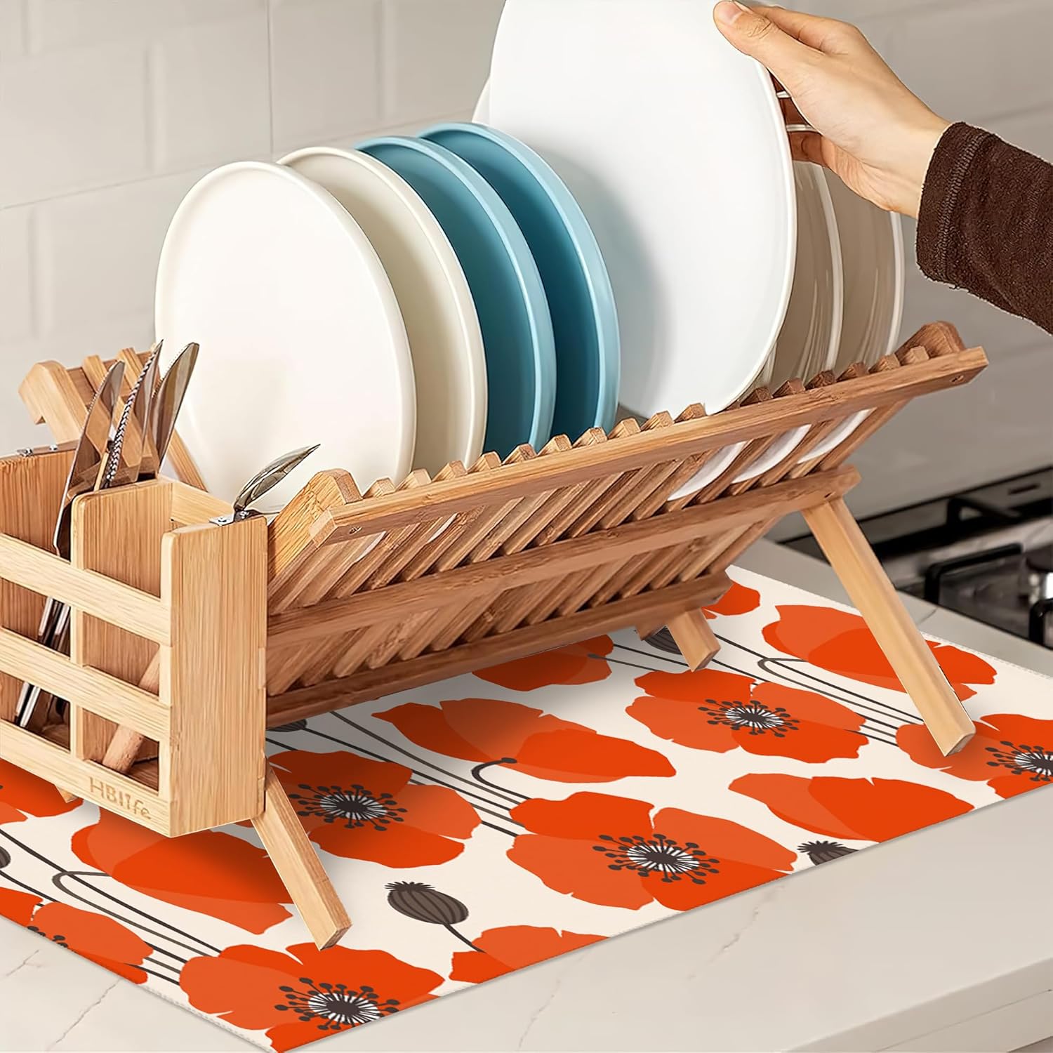 UIUPRO Tapete de secado de platos con flores de amapola roja para decoración de encimera de cocina, almohadilla de secado de platos, almohadilla