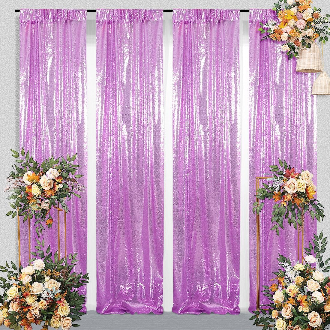 Cortina tipo telón de fondo de lentejuelas, 4 cortinas tipo telón de fondo con purpurina de 2 x 8 pies para fiestas, cumpleaños, decoración de boda