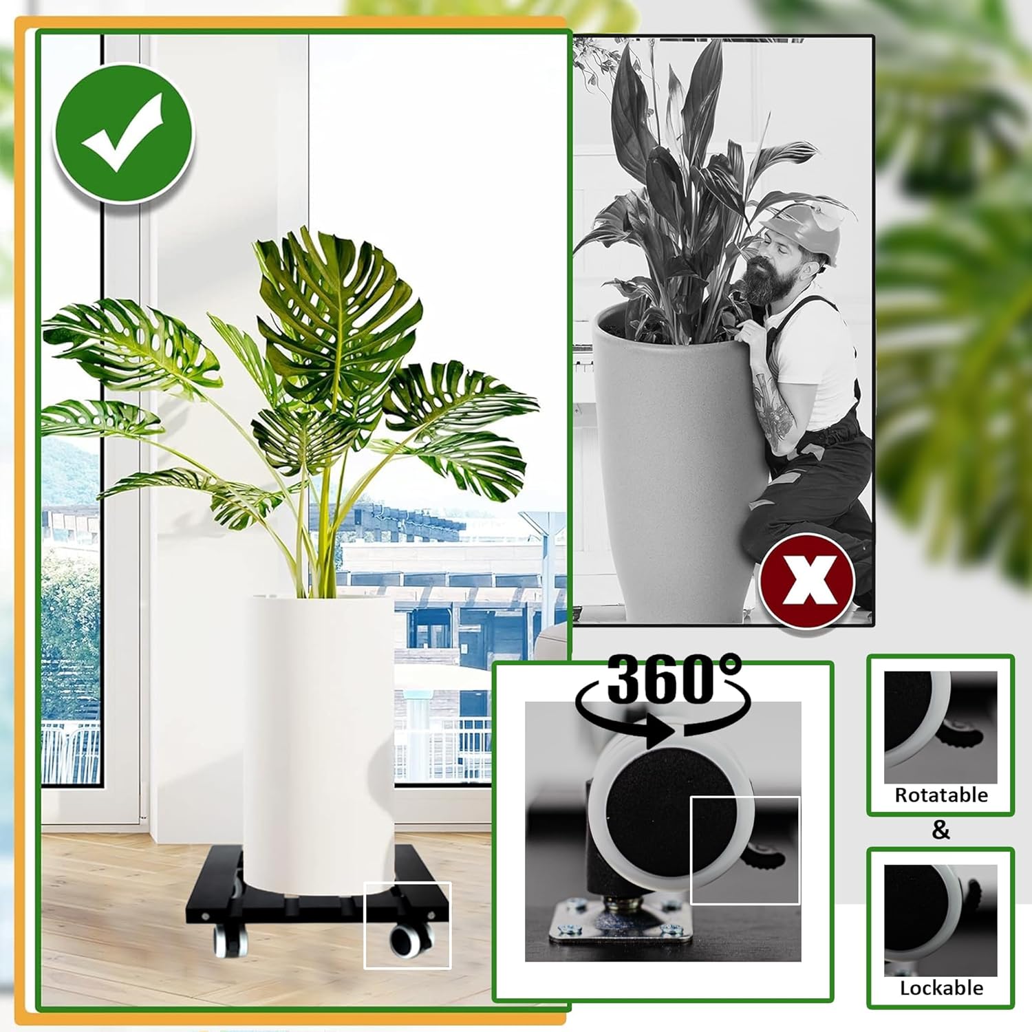Carrito cuadrado de bambú para plantas con ruedas, plataforma para plantas, soporte para plantas con ruedas bloqueables de 360, plataforma para