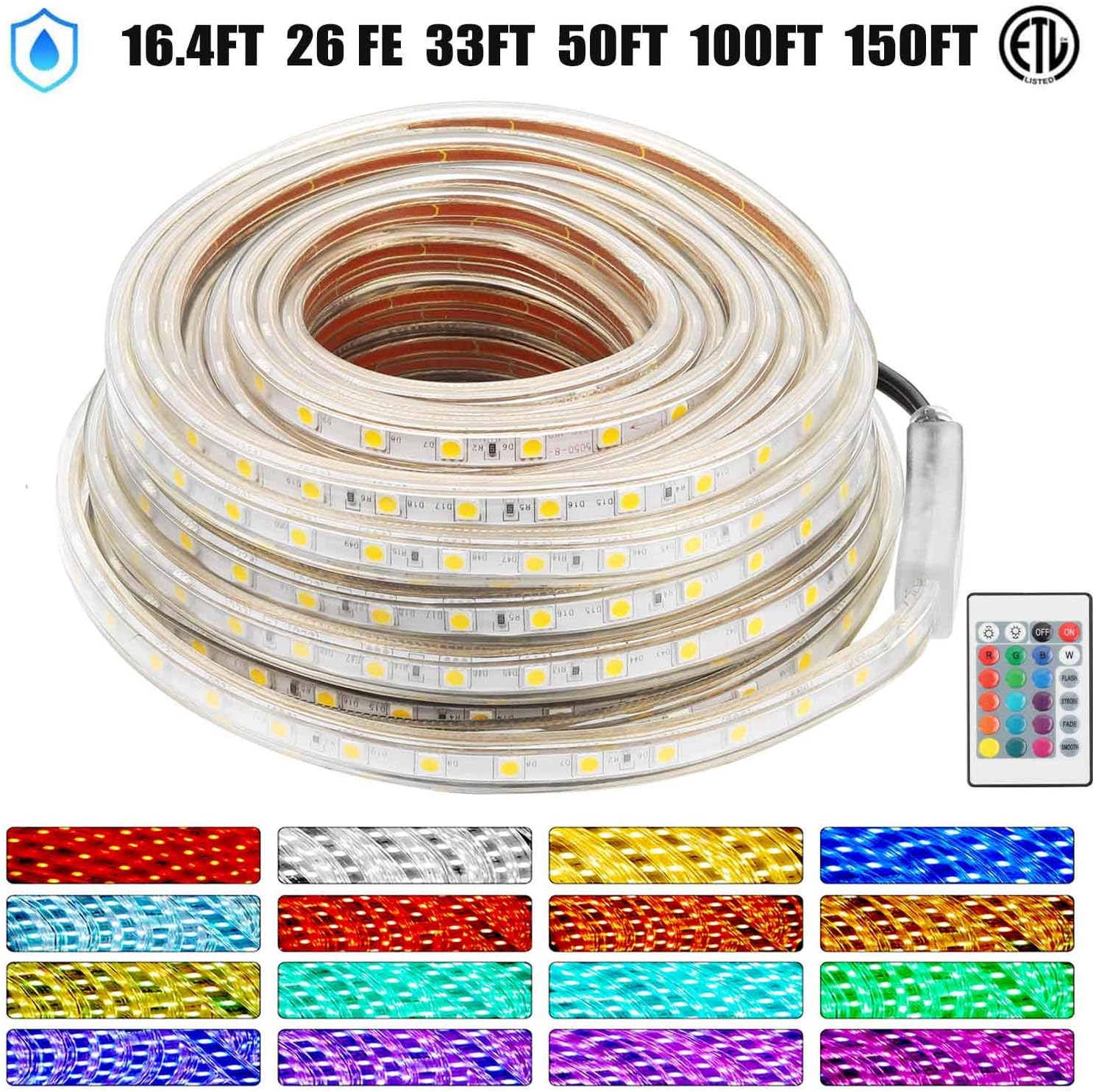 Ainfox – Tira de luces LED de 50 pies, impermeable, 16 colores cambiantes, tiras de luz RGB con control remoto para uso en exteriores e interiores,