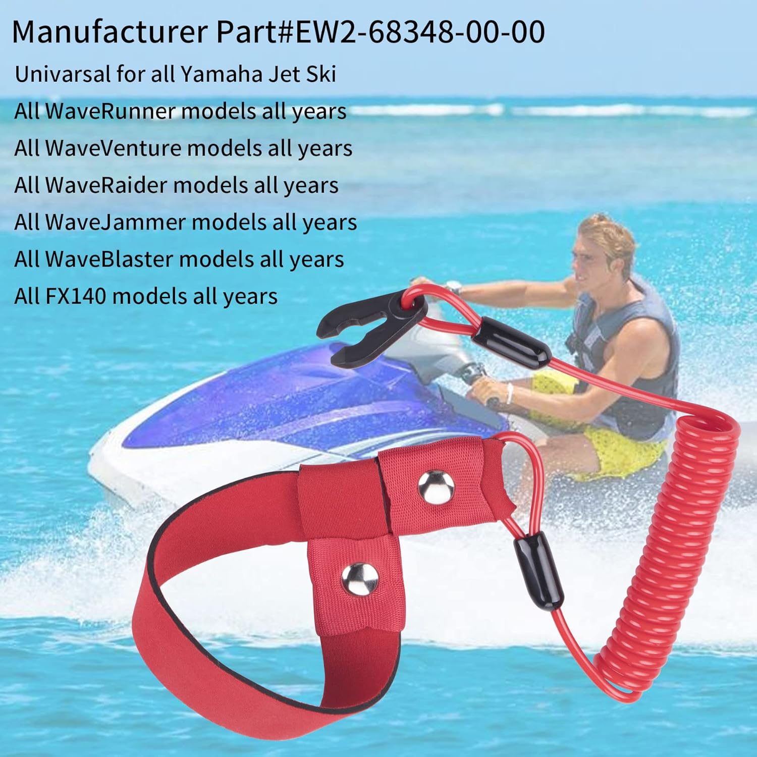 Cuerda de seguridad Stop Kill compatible con EW2-68348-00-00 All Yamaha Jet Ski WaveRunner WaveVenture WaveRaider WaveJammer WaveBlaster FX140 –