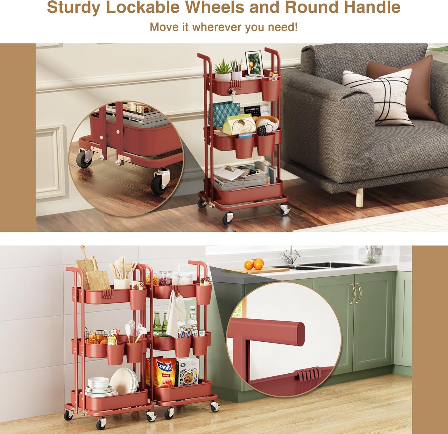 Carrito plegable de 3 niveles, carrito de metal con ruedas, 3 tazas colgantes y 6 ganchos, carrito plegable para sala de estar, cocina, baño,