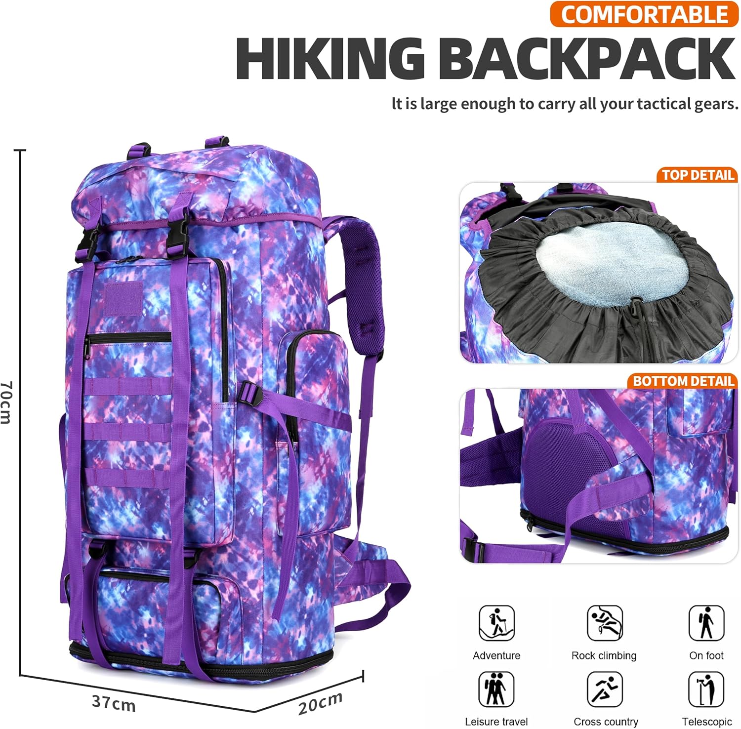 100L camping senderismo militar táctico mochila escalada al aire libre bolsas de deporte para acampar, mochilero, Púrpura (Purple Camo), Mochilas