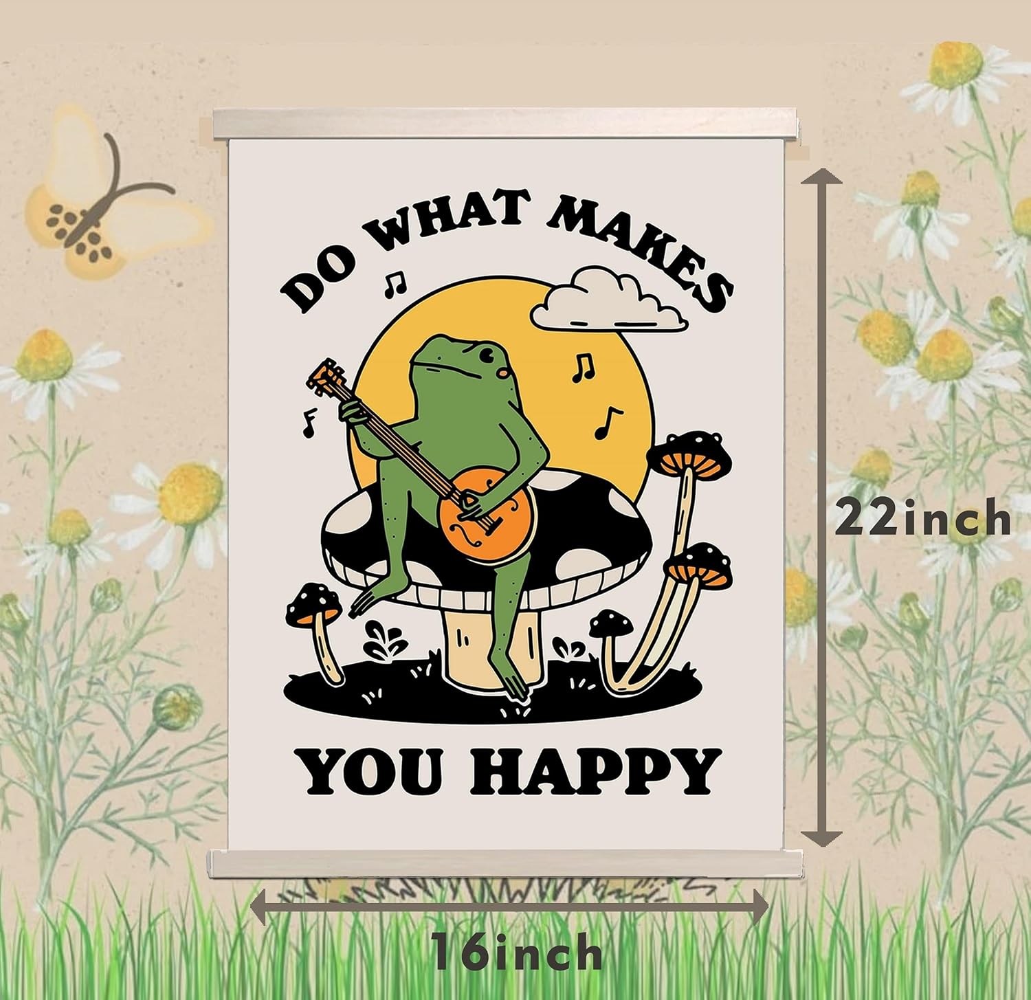 Do What Makes You Happy – Póster colgante divertido de hongos de rana de 16 x 22 pulgadas, decoración de pared verde Cottagecore para sala de estar,