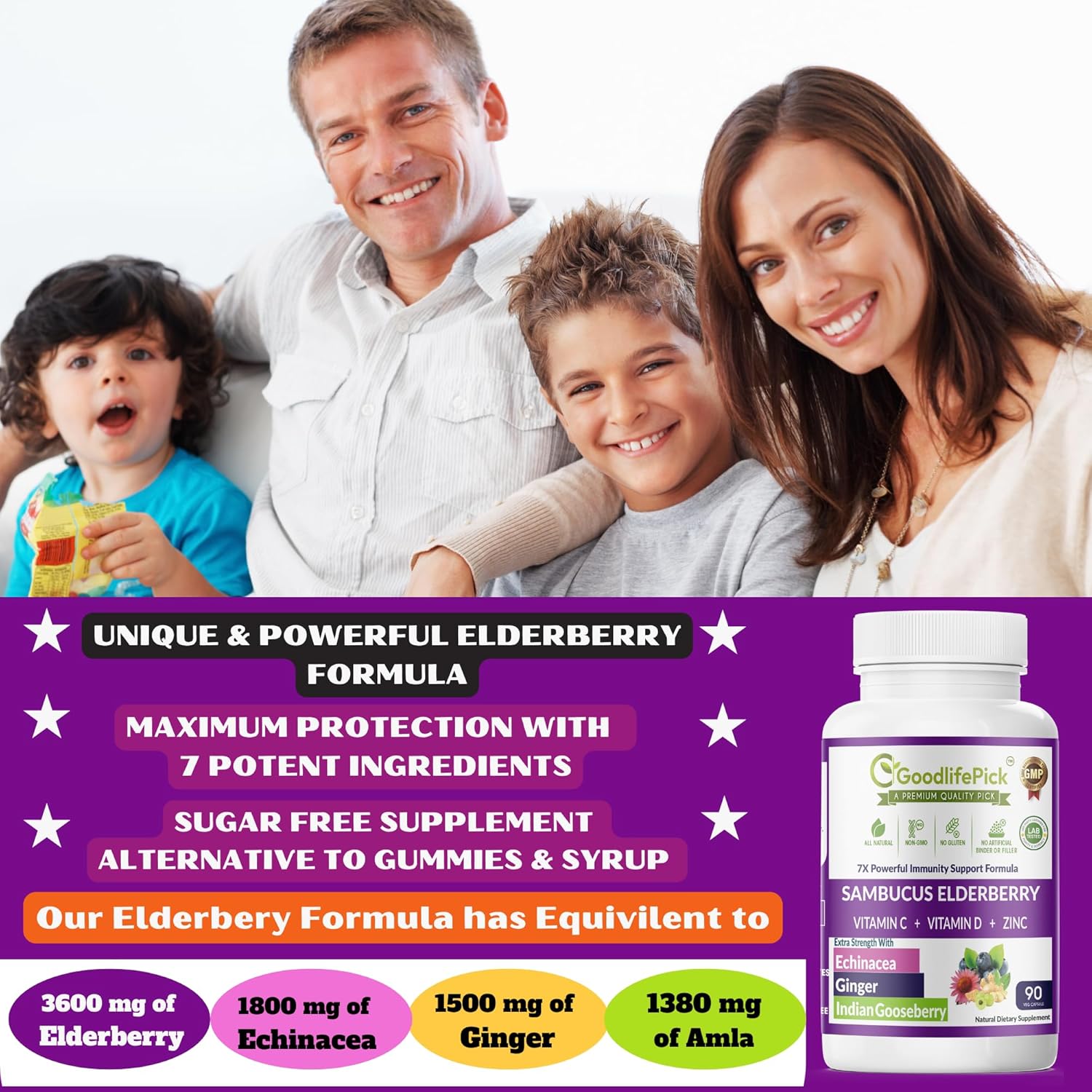 Baya de saúco 7 en 1 con zinc, vitamina C, vitamina D, equinácea, jengibre y grosella espinosa india (Amla). Cápsulas de saúco prémium de 90