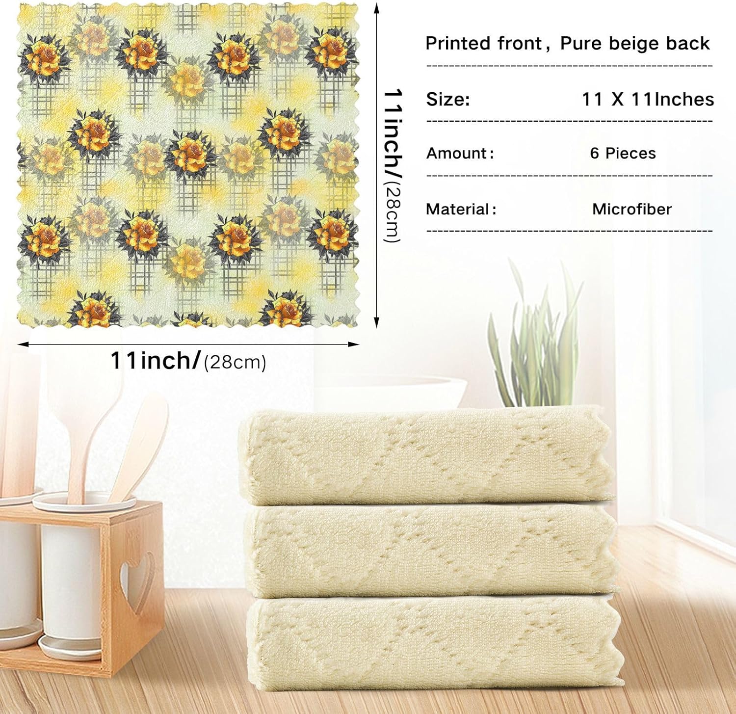 FRODOTGV Lining Rose Flower Soft Decorative Microfiber Dish Drying Towel Absorbent Set of 6 Kitchen Tea Towels for Countertop Coffee