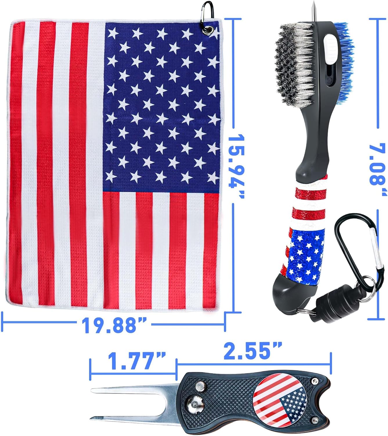 Golf Club Brush and Amercian Flag Golf Towels, Golf Groove Cleaner Cleaning kit, Golf Accessories Cleaner Tool with Strong Magnet Stick to Golf
