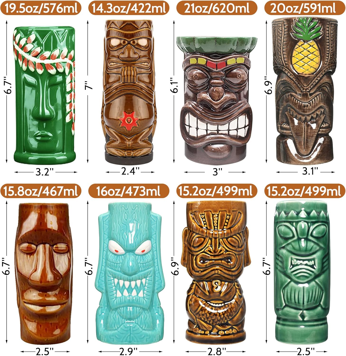 Tiki – Juego de 8 tazas de cerámica hawaiana para fiestas, tazas de bar Tiki para cócteles, tazas tropicales de alta calidad para fiestas exóticas