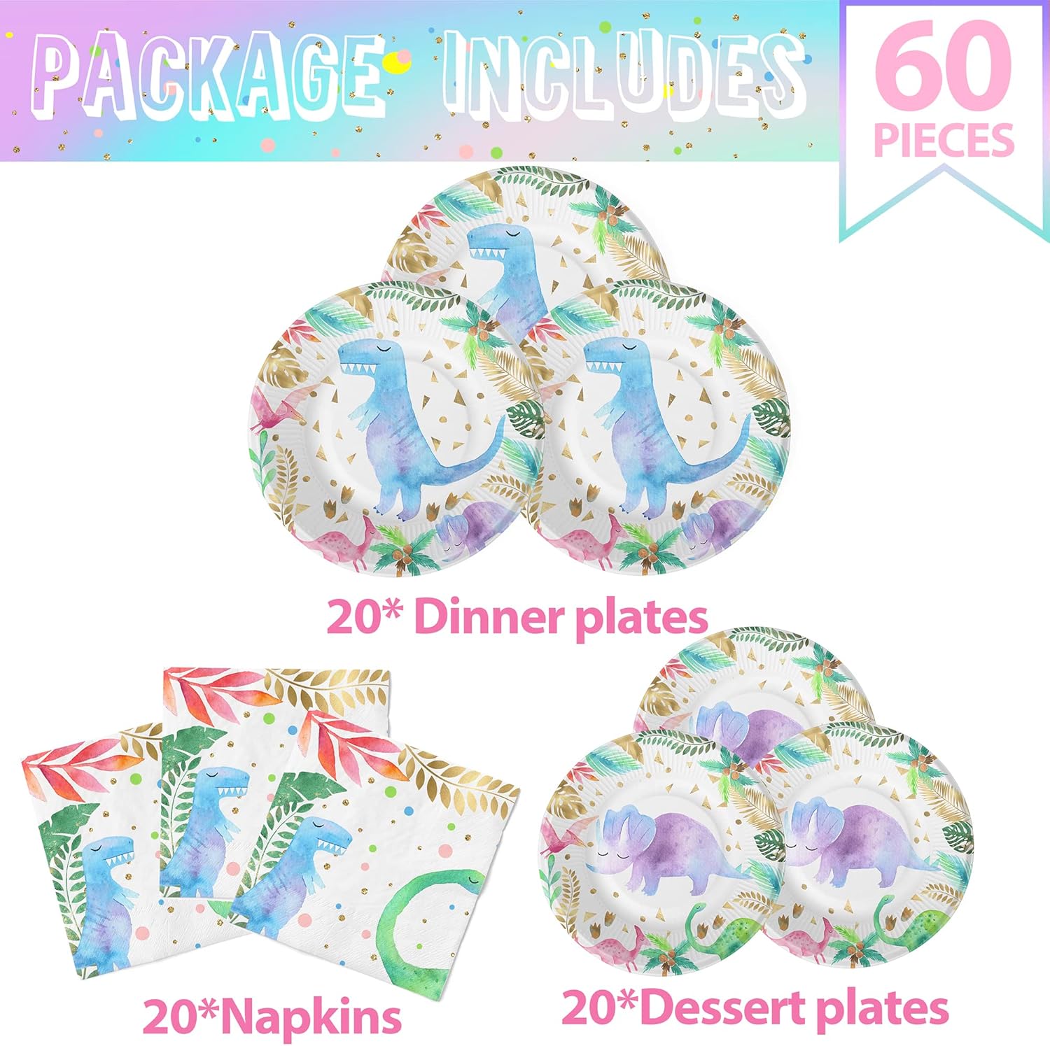 Platos y servilletas de fiesta de dinosaurios para niñas, suministros para fiesta de cumpleaños de dinosaurios rosados (sirve 20)