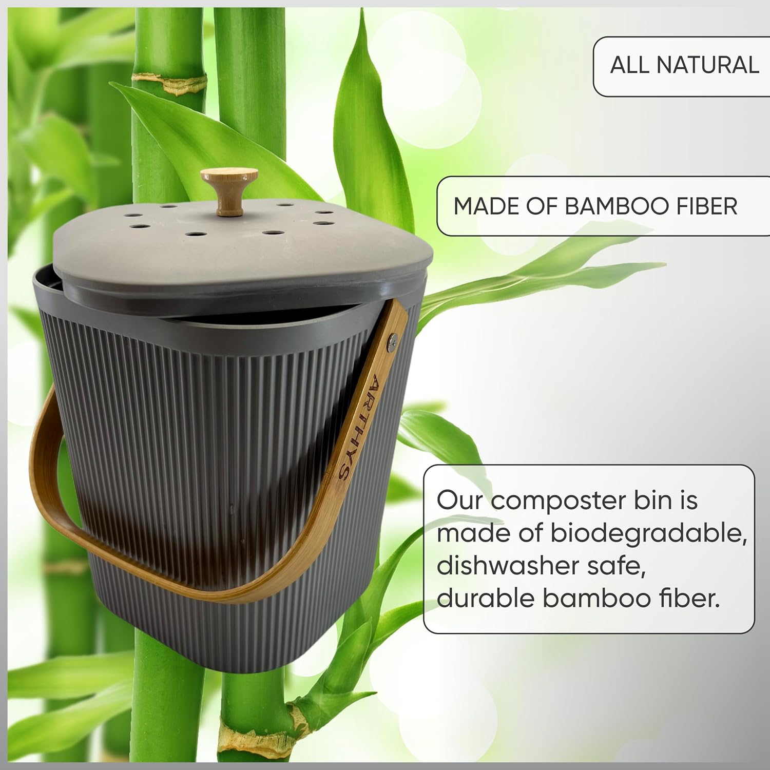 Contenedor de compost de cocina con filtros de carbón, compostador de alimentos sostenible de fibra de bambú para encimera, cubo de compostaje para