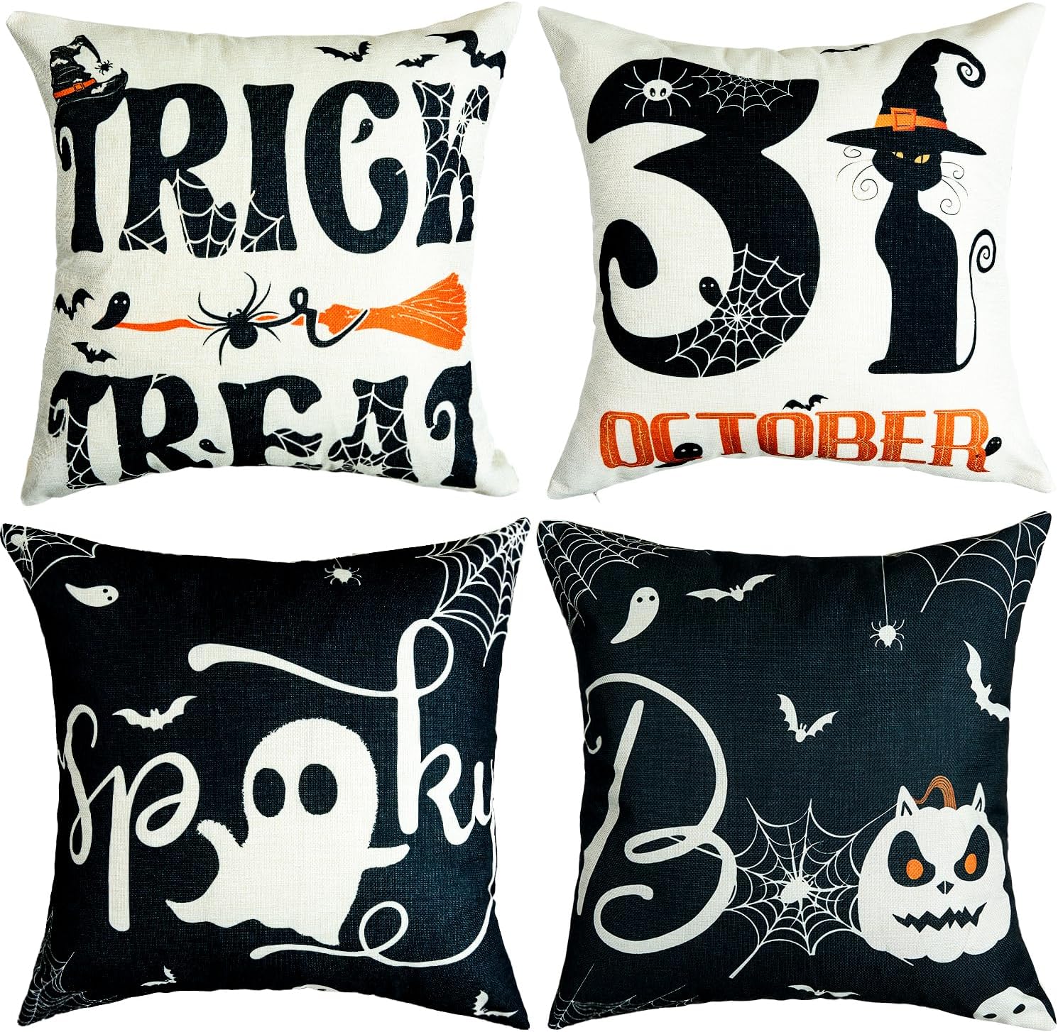 Sioloc Fundas de almohada de Halloween de 18 x 18 pulgadas con 4, decoraciones de Halloween, casa de campo de bruja de calabaza, decoración festiva