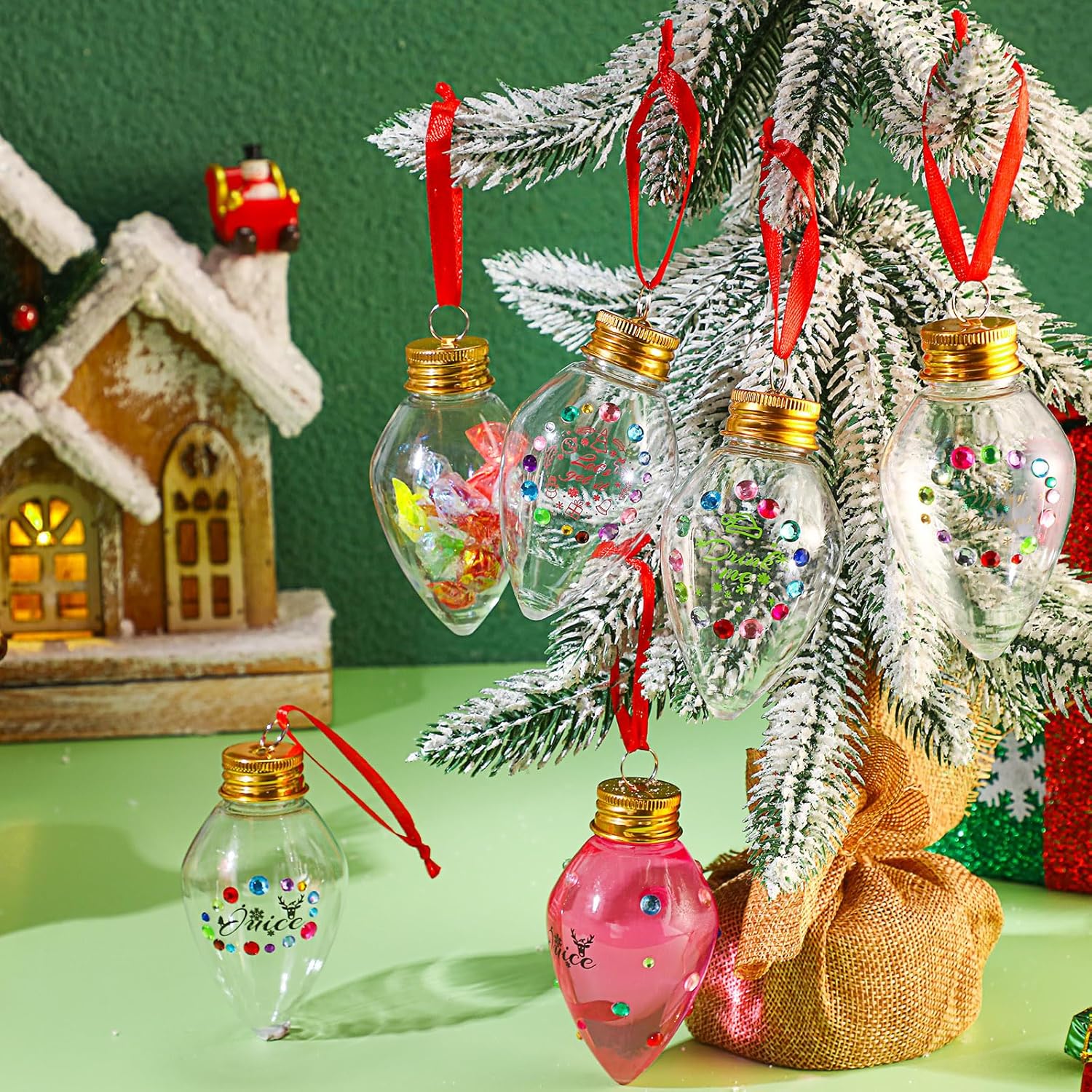 Suttmin 24 bolas de alcohol de Navidad, bolas de plástico transparente para adornos, adorno colgante para árbol con calcomanías de diamantes de