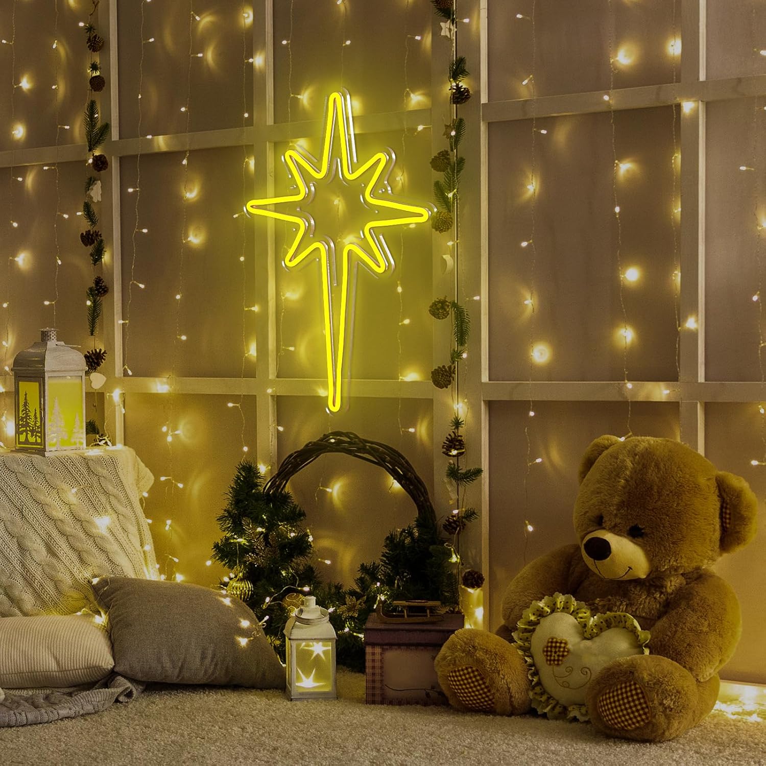 Letrero de neón de estrella iluminada, letrero de neón de estrella de Navidad, letreros de Navidad para decoración de habitación, letrero de neón