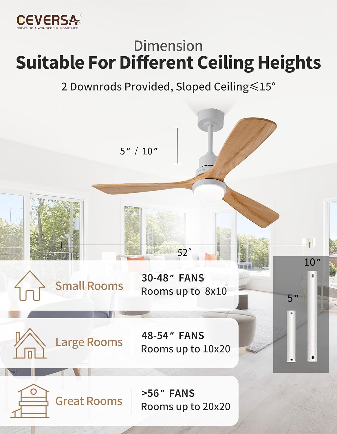 Ceversa Ventilador de techo de madera maciza de 52 pulgadas con luz y control remoto, ventilador de techo moderno de madera natural de 3 aspas,