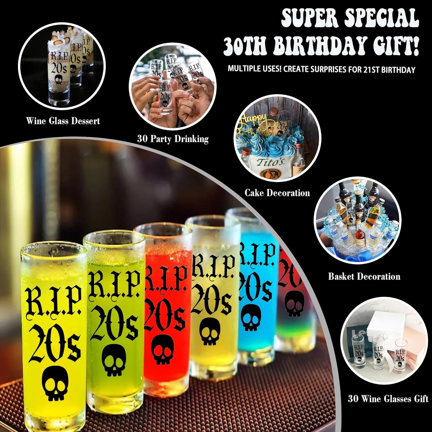 JUSTOTRY Vaso de chupito de 30 cumpleaños  RIP 20 regalos de cumpleaños para ella, vaso de chupito de 2 onzas, mejores decoraciones de cumpleaños de