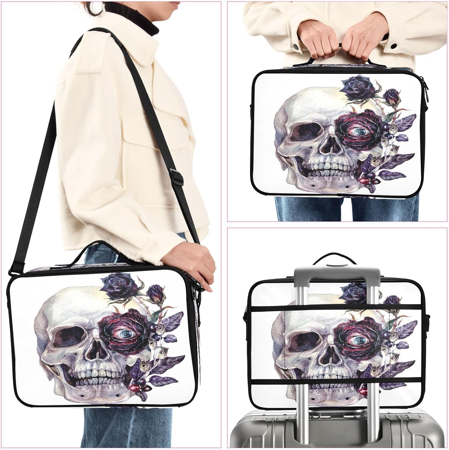 Skull Happy Halloween Evil Eye Bolsa de cosméticos negra de gran capacidad para artículos de tocador de viaje, bolsas de maquillaje para mujeres,