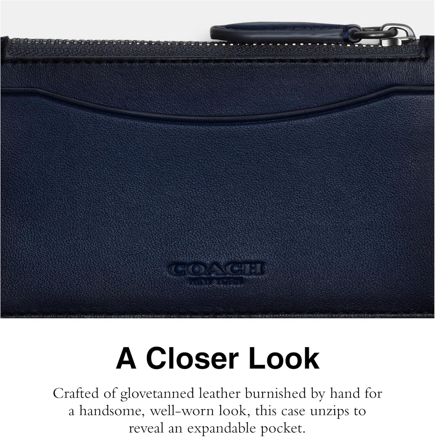 Coach Tarjetero con cremallera para hombre en piel bruñida, Azul profundo, Estuche para tarjetas con cremallera en piel bruñida