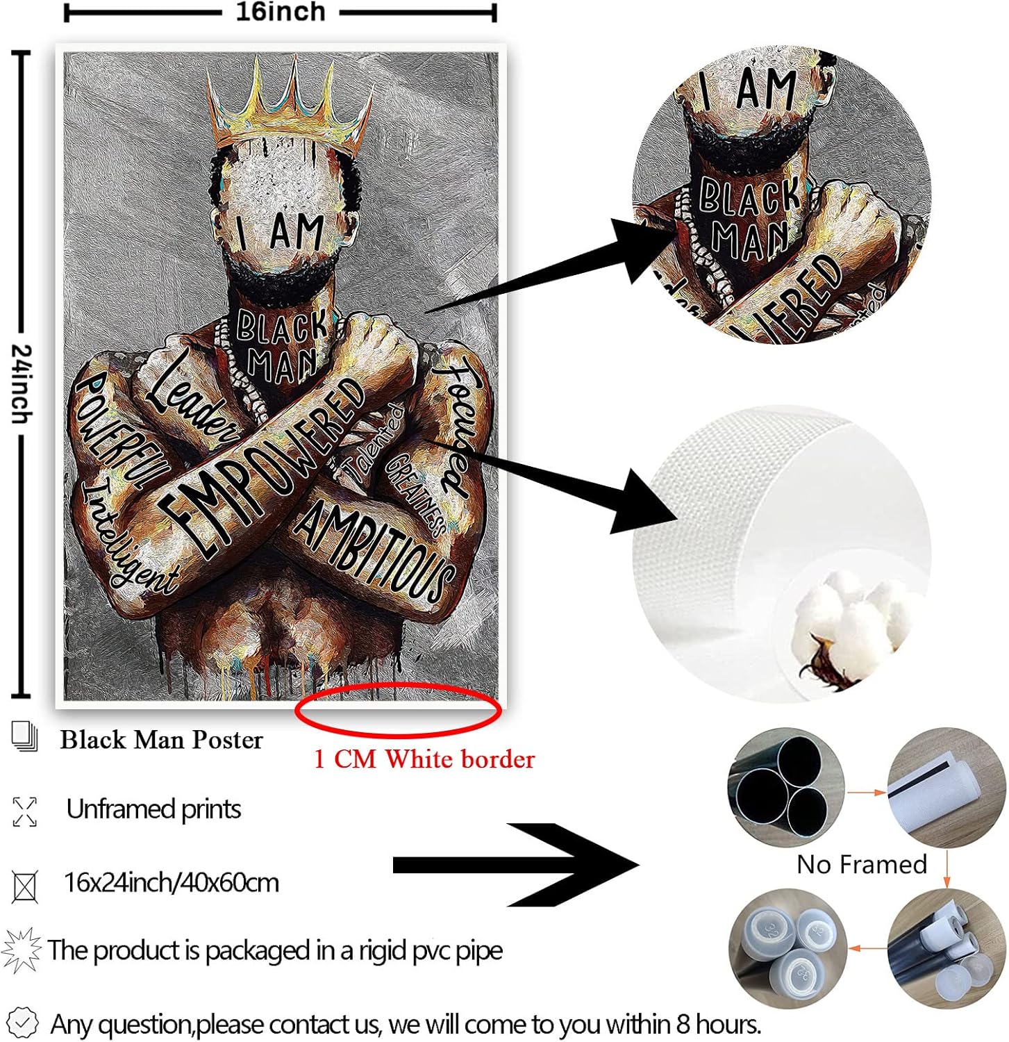 Arte de pared de hombre negro, póster de hombre afroamericano con texto en inglés “I Am Empowered King”, frases motivacionales, retrato de hombre