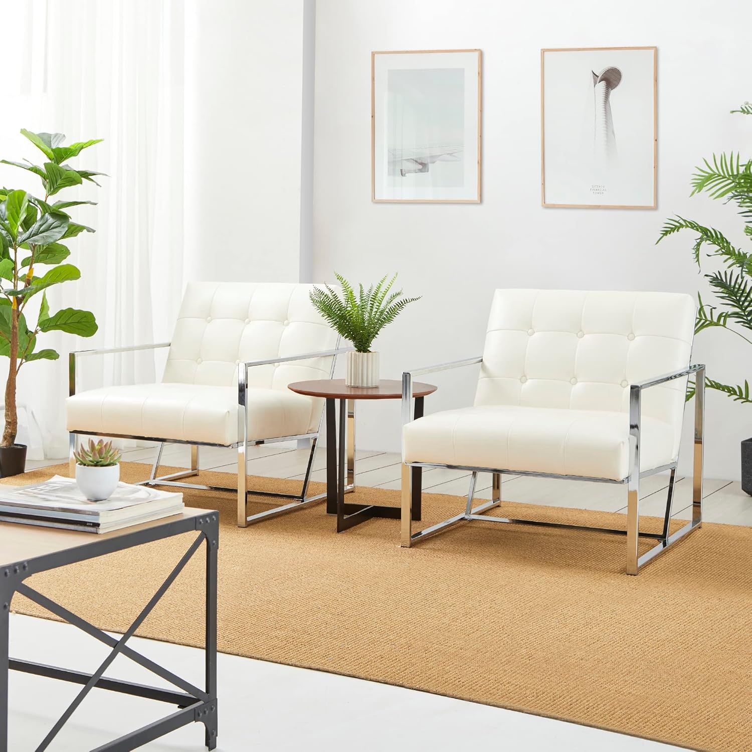 glitzhome Silla decorativa moderna de mediados de siglo, sillas modernas para sala de estar con marco de metal duradero, acolchado de piel
