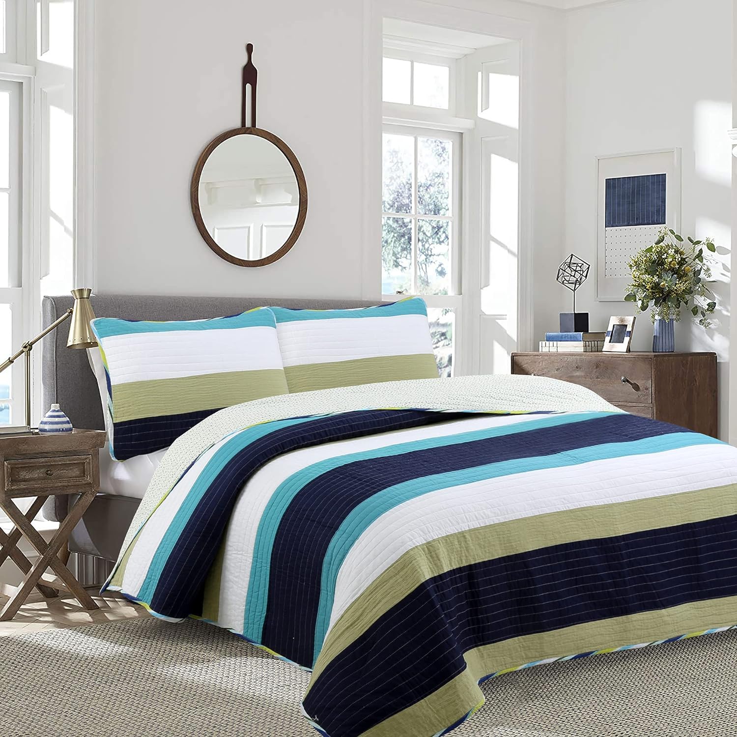 Cozy Line Home Fashions Juego de ropa de cama reversible de 100 % algodón a rayas, color azul marino, verde salvia, para todas las estaciones
