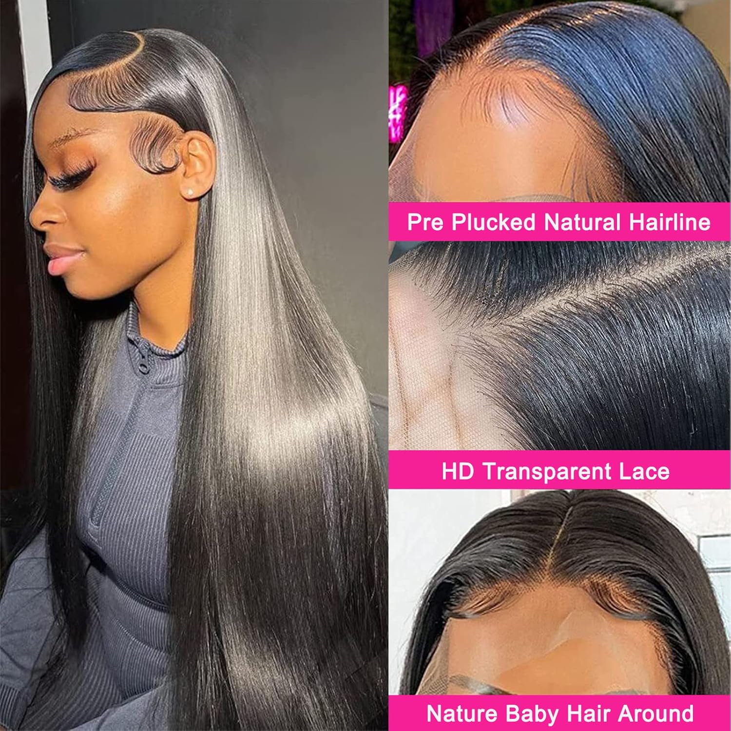 Lemoda Pelucas de cabello humano lacio con encaje frontal transparente HD de 13 x 6 pulgadas, densidad 180, peluca frontal de encaje frontal