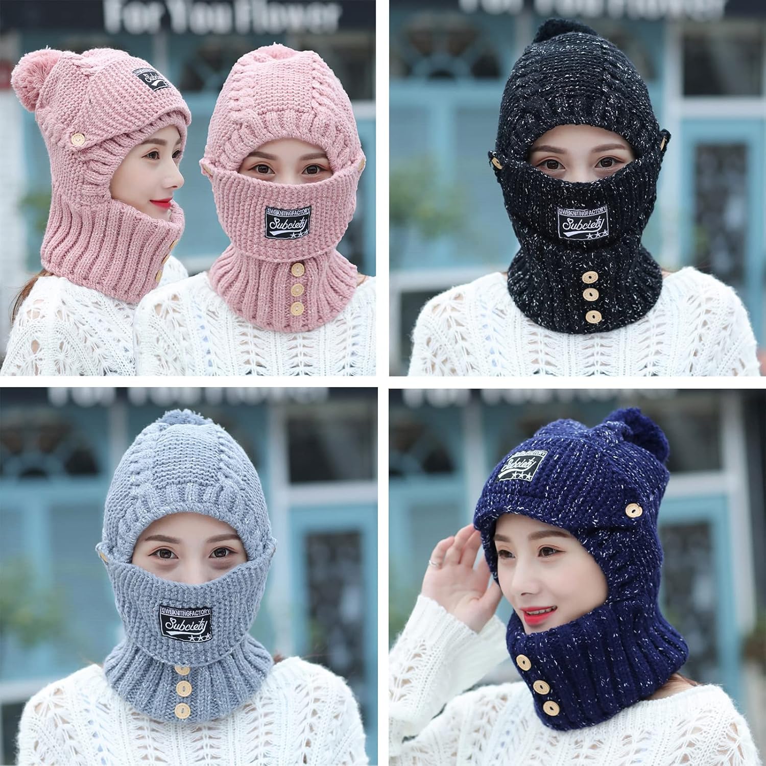 2 en 1 para mujer, bufanda de punto, sombrero elástico cálido de invierno con protectores de oídos, gorra integrada a prueba de viento para