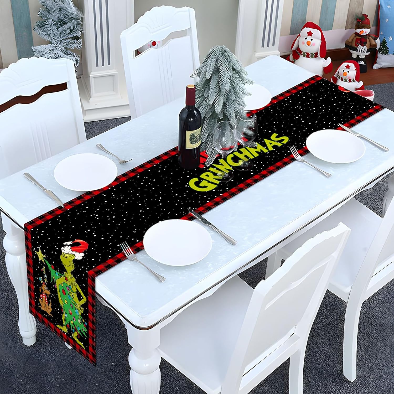 Camino de mesa Grinchmas Merry Christmas Whoville para fiestas de invierno, cocina, chimenea, comedor, decoración del hogar (negro y rojo, 13 x 72
