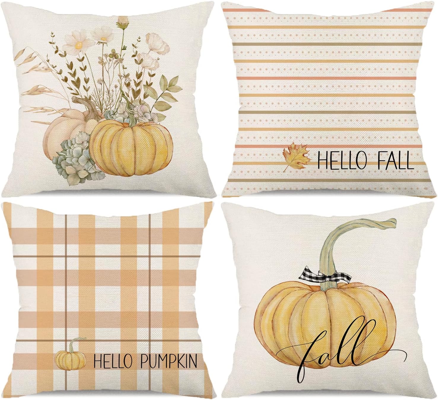 Juego de 4 fundas de almohada decorativas de otoño de 18 x 18 pulgadas, diseño de búfalo a cuadros de Hello Pumpkin Flor, decorativas, Acción de