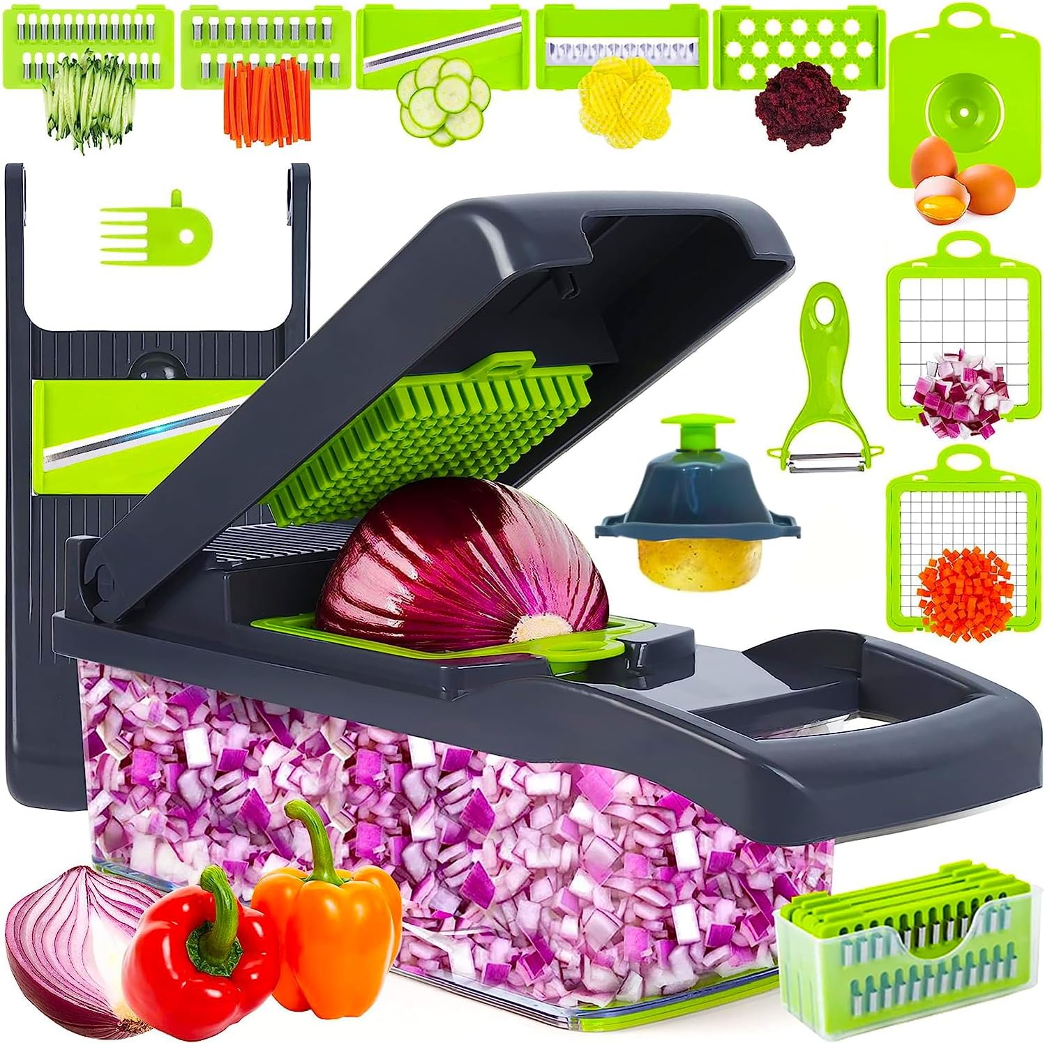 TRADEBLAZE Picador de verduras con recipiente, cortador de verduras multifuncional 15 en 1, apto para lavavajillas con material libre de BPA,
