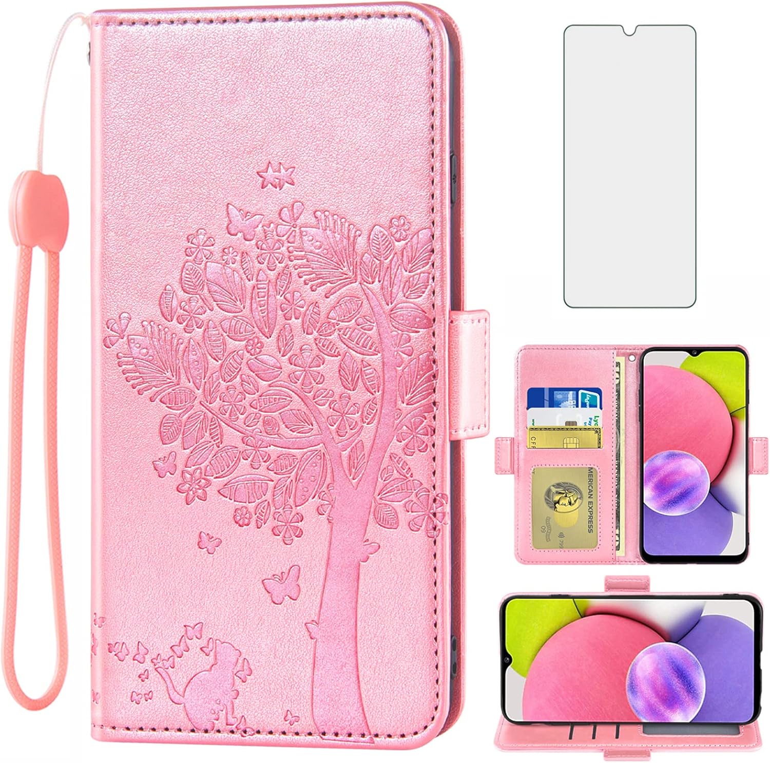 Funda compatible con Samsung Galaxy A03s, versión de EE. UU., 5G 2022, protector de pantalla de vidrio templado, correa para muñeca, tarjetero y